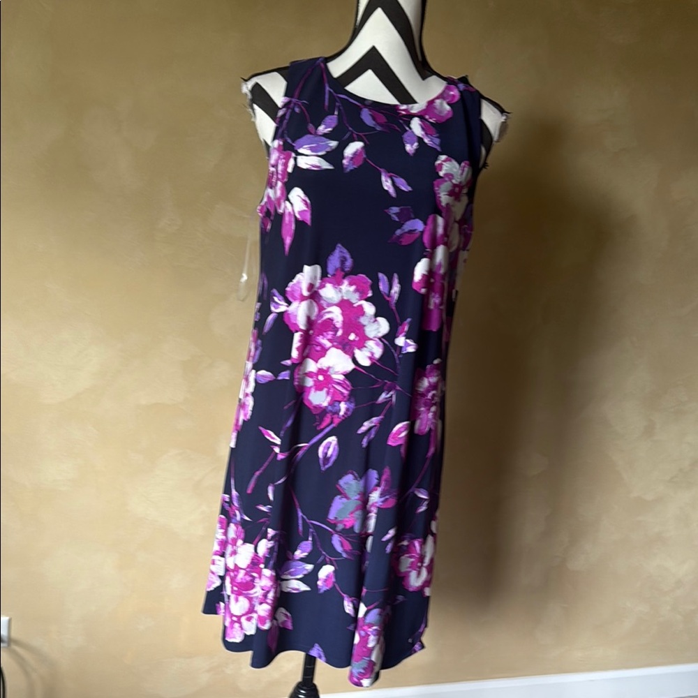 Floral Sleeveless Dress - Navy and Pink